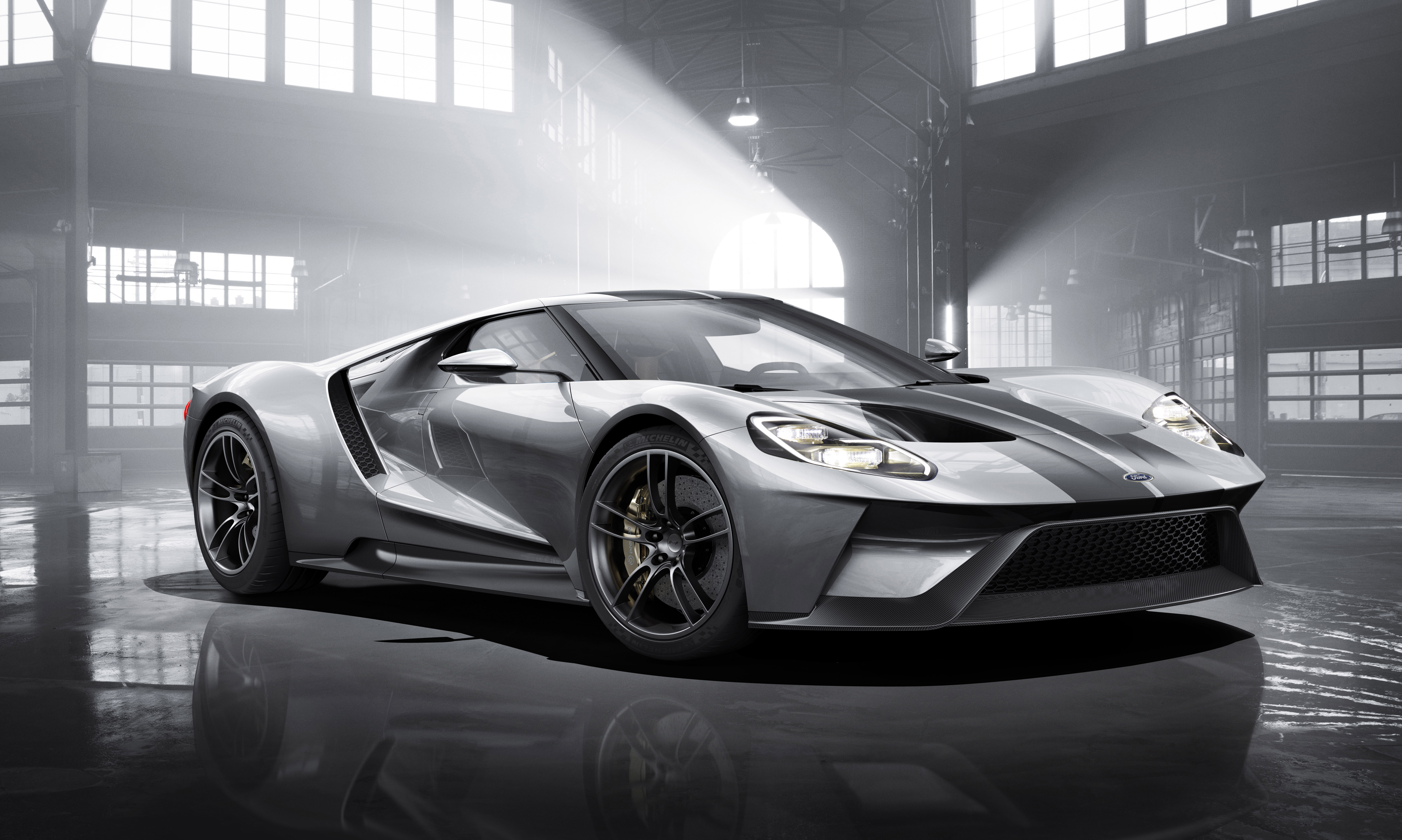 All-new Ford GT in Liquid Silver, L-R, 3/4 Front Shown, February 2015